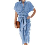 Vestido Camisero de Mezclilla con Botones de Manga Corta Ligero de Color sólido para Mujer, Vestido Vaquero Ajustado de Cintura Alta Informal de Verano de Longitud Media,Azul,XL