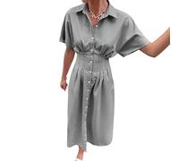 Vestido Camisero de Mujer a Rayas de Colores Contrastantes, Manga Corta, con Botones Delanteros, Pliegues, Corte Holgado, Informal, para el Trabajo, Verano, Negro, Gris, Talla XL