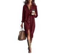 Vestido Camisero de Pana Abotonado para Mujer, Elegante, de Corte A, Manga Larga, Cuello en V, Estilo Midi. (Burgundy,L)