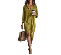 Vestido Camisero de Pana Abotonado para Mujer, Elegante, de Corte A, Manga Larga, Cuello en V, Estilo Midi. (Yellow,L)