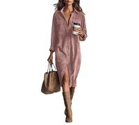 Vestido Camisero de Pana Abotonado para Mujer, Elegante, de Corte A, Manga Larga, Cuello en V, Estilo Midi. (Pink,XXL)