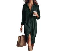 Vestido Camisero de Pana para Mujer, Estilo otoño, con Botones. Vestido Casual de Manga Larga con Cuello de Solapa y Bolsillos. (Dark Green,L)