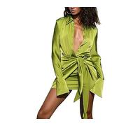 Vestido Camisero de satén para Mujer Manga Larga con Botones Minivestido con Lazo en la Cintura Vestido Ajustado