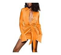 Vestido Camisero de satén para Mujer Manga Larga con Botones Minivestido con Lazo en la Cintura Vestido Ajustado