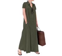 Vestido Camisero de Talla Grande para Mujer, Largo con Solapa, Vestido Maxi Informal de algodón con Bolsillos, Verde Militar, Talla M