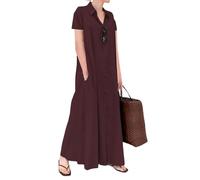 Vestido Camisero de Talla Grande para Mujer, Largo con Solapa, Vestido Maxi Informal de algodón con Bolsillos, Color Rojo Vino, Talla M