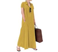 Vestido Camisero de Talla Grande para Mujer, Largo Maxi, con Solapa, Estilo Casual, de algodón con Bolsillos, Color Dorado, Talla 5X Large