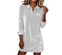 Vestido camisero de terciopelo con lentejuelas para mujer, manga larga, cuello en V, solapa, vestido corto para fiesta, vacaciones, brillante, blanco, L