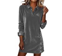 Vestido camisero de terciopelo con lentejuelas para mujer, manga larga, cuello en V, solapa, vestido corto para fiesta, vacaciones, brillante, gris, M