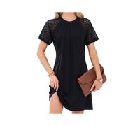 Vestido Camisero de Verano para Mujer, de Manga Corta con Encaje, Informal, con Cuello Redondo y Plisado, Color Negro, Talla L