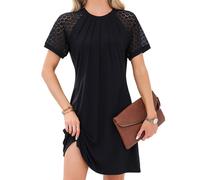 Vestido camisero de verano para mujer, de manga corta y encaje, informal, con cuello redondo y plisado, color negro, talla L
