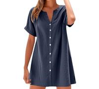Vestido Camisero Informal de Verano para Mujer, con Cuello en V y Botones, de Lino y algodón, Manga Corta, Liso, Talla Grande, para Vacaciones Cómodo