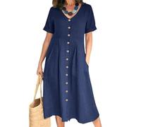 Vestido Camisero Informal de Verano para Mujer, con Cuello en V y Botones, de Lino y algodón, Manga Corta, Liso, Talla Grande, para Vacaciones