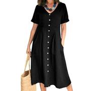 Vestido Camisero Informal de Verano para Mujer, con Cuello en V y Botones, de Lino y algodón, Manga Corta, Liso, Talla Grande, para Vacaciones