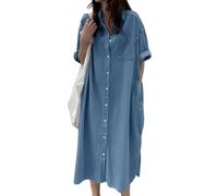 Vestido Camisero Largo de Mezclilla para Mujer, Manga Corta, Estilo Casual de Verano, Holgado, Azul Claro, Talla M.