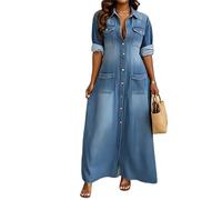 Vestido Camisero Largo para Mujer, Vestido Vaquero con Solapa y Botones, Manga Larga, Estilo Casual, Azul, Talla XS