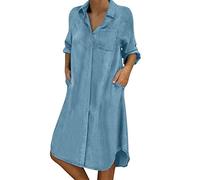 Vestido Camisero Largo Vaquero para Mujer: Hasta la Rodilla, Manga Larga, Festivo, Elegante, Túnica, Midi de Líneas A, Ligero y Aireado