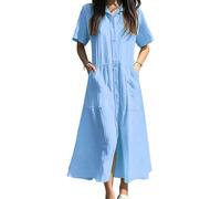 Vestido Camisero Maxi de línea para Mujer, Vestido de Manga Corta con Botones, Largo Informal Playa con Bolsillos, Azul, Talla M