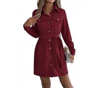 Vestido camisero midi de pana con botones para mujer, casual, manga larga, cuello en V, abotonado, cinturón y bolsillos, granate, M