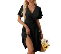 Vestido Camisero Mujer, Vestidos Playeros Mujer Vestido Midi Vestidos Midi De Manga Corta con Cuello En V Y Estampado Floral para Estilo Holgado Y Fluido Ideal para La Playa Túnica De Talle Alto Lino