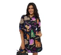 Vestido camisero negro con estampado integral de mezcla de viscosa, con botones delanteros y cuello alto, de manga larga y Bad Kitty para mujer y