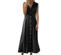 Vestido camisero para mujer - algodón y lino, vestido de botones funky maxi vestidos para mujer, vestido vintage de líneas A, sin mangas, vestido de verano para mujer, vestido de verano midi con