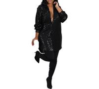 Vestido camisero suelto con lentejuelas de color liso para primavera/invierno para mujer, talla grande, Negro, L