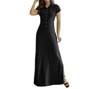 Vestido Camisero Vaquero Ajustado con Cuello en V para Mujer, Solapa, Estilo Casual, Frente Abierto, Estilo Midi, Negro, Talla XX-Large