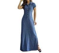 Vestido Camisero Vaquero Ajustado con Cuello en V y Solapa, Estilo Casual, con Frente Abierto, Talla Midi, Azul Claro, 3X-Large