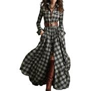 Vestido camisero vintage a cuadros para mujer, con solapa en V, cuello de tortuga, cinturón abotonado, maxivestido suelto para primavera y otoño, Negro-09, S