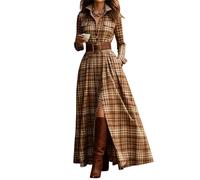 Vestido camisero vintage a cuadros para mujer, con solapa en V, cuello de tortuga, cinturón abotonado, maxivestido suelto para primavera y otoño, Albaricoque-16, S