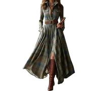 Vestido camisero vintage a cuadros para mujer, con solapa en V, cuello de tortuga, cinturón abotonado, maxivestido suelto para primavera y otoño, Verde-14, XXL