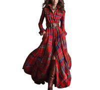 Vestido camisero vintage a cuadros para mujer, con solapa en V, cuello de tortuga, cinturón abotonado, maxivestido suelto para primavera y otoño, Rojo-11, XL