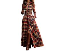 Vestido camisero vintage a cuadros para mujer, con solapa en V, cuello de tortuga, cinturón abotonado, maxivestido suelto para primavera y otoño, Rojo-13, XL