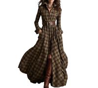 Vestido camisero vintage a cuadros para mujer, con solapa en V, cuello de tortuga, cinturón abotonado, maxivestido suelto para primavera y otoño, Café-07, XXL