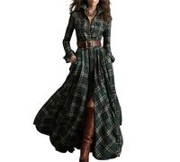 Vestido camisero vintage a cuadros para mujer, con solapa en V, cuello de tortuga, cinturón abotonado, maxivestido suelto para primavera y otoño, Verde-02, XL