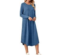 Vestido Casual Color Tostado Otoño e Invierno Ropa de Mujer Color Sólido Tejido Costura Lateral Recto Bolsillo Dobladillo Curvado Vestido Suelto Talla Grande Vestidos de Verano, azul, XXL