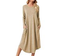 Vestido casual de color canela para otoño e invierno, ropa de mujer, color sólido, tejido, costura lateral recta, bolsillo, dobladillo curvado, vestido suelto de talla grande, vestidos de verano