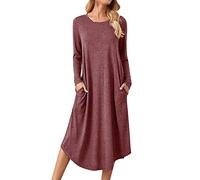 Vestido casual de color tostado para otoño e invierno, ropa de mujer, color sólido, tejido, bolsillo recto en costura lateral, dobladillo curvado, vestido suelto de talla grande, vestidos de verano