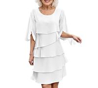 Vestido Casual de Corte con Silueta Holgada para Mujer Elegante y versátil para Uso Diario Cuello diseño Tipo Cake Dress Mangas hasta el Codo Primavera y Verano (White, S)