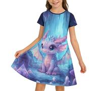 Vestido Casual de Manga Corta con Estampado Floral para niñas. Un Atuendo Divertido y cómodo para el día a día con una Falda y con Vuelo. (Blue, 9-10 Years)