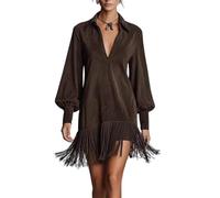 Vestido casual de manga larga con cuello en V y dobladillo con flecos, vestido camisero de ante con bolsillos para mujer, marrón, XXL