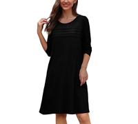 Vestido casual de manga larga con cuello redondo y cintura elástica para primavera y otoño e invierno, color liso, con detalle plisado y cintura elástica para comodidad diaria, Negro, S