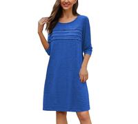 Vestido casual de manga larga con cuello redondo y detalle plisado para uso diario para primavera, otoño e invierno, color liso, 2026, azul, S