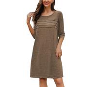 Vestido casual de manga larga con cuello redondo y detalle plisado para uso diario para primavera, otoño e invierno, color liso, 2026, caqui, XS