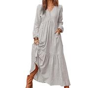 Vestido Casual De Manga Larga De AlgodóN Y Lino Abotonado para Mujer De Color SóLido De Primavera Y OtoñO con Vestido Amplio con Columpio