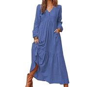 Vestido Casual De Manga Larga De AlgodóN Y Lino Abotonado para Mujer De Color SóLido De Primavera Y OtoñO con Vestido Amplio con Columpio