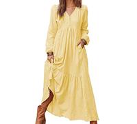 Vestido Casual De Manga Larga De AlgodóN Y Lino Abotonado para Mujer De Color SóLido De Primavera Y OtoñO con Vestido Amplio con Columpio