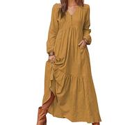 Vestido Casual De Manga Larga De AlgodóN Y Lino Abotonado para Mujer De Color SóLido De Primavera Y OtoñO con Vestido Amplio con Columpio