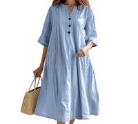 Vestido casual de manga media con cuello en V para mujer, 3 botones, holgado, de algodón, vestido camisero moderno para verano, playa, vacaciones, vestidos de línea, azul claro, S